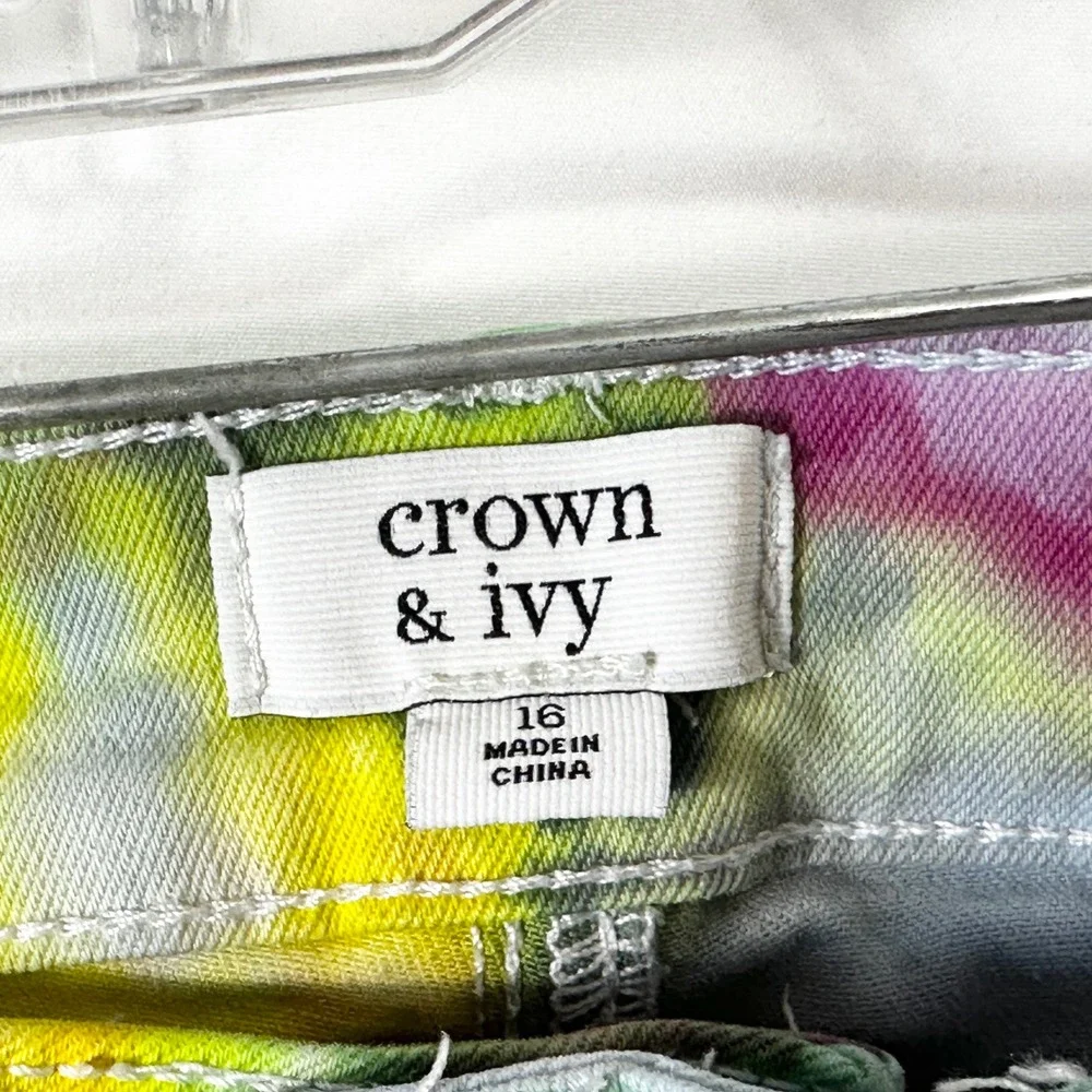 Crown & Ivy Sz 16 Capri Jeans‎ Handmade Tie Dye Denim Yellow Purple Raw Hem 1478